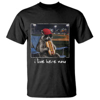 Baseball Raccoon I Live Here Now T Shirt Funny Trash Panda Eating Hot Dog Ballfield