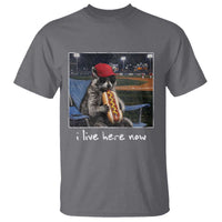 Baseball Raccoon I Live Here Now T Shirt Funny Trash Panda Eating Hot Dog Ballfield