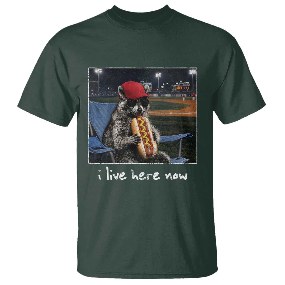 Baseball Raccoon I Live Here Now T Shirt Funny Trash Panda Eating Hot Dog Ballfield