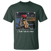 Baseball Raccoon I Live Here Now T Shirt Funny Trash Panda Eating Hot Dog Ballfield
