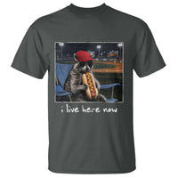 Baseball Raccoon I Live Here Now T Shirt Funny Trash Panda Eating Hot Dog Ballfield