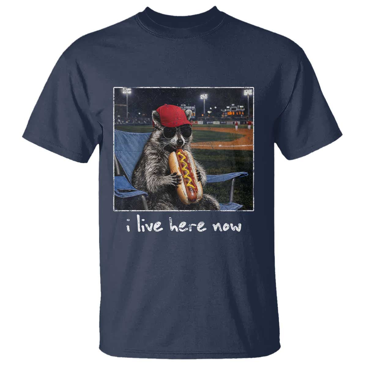 Baseball Raccoon I Live Here Now T Shirt Funny Trash Panda Eating Hot Dog Ballfield