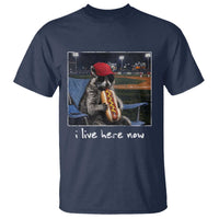 Baseball Raccoon I Live Here Now T Shirt Funny Trash Panda Eating Hot Dog Ballfield