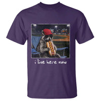 Baseball Raccoon I Live Here Now T Shirt Funny Trash Panda Eating Hot Dog Ballfield