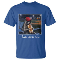 Baseball Raccoon I Live Here Now T Shirt Funny Trash Panda Eating Hot Dog Ballfield