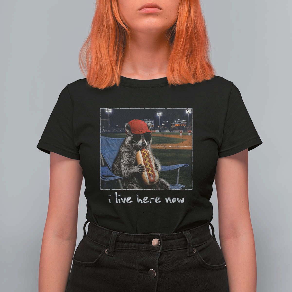 Baseball Raccoon I Live Here Now T Shirt For Women Funny Trash Panda Eating Hot Dog Ballfield