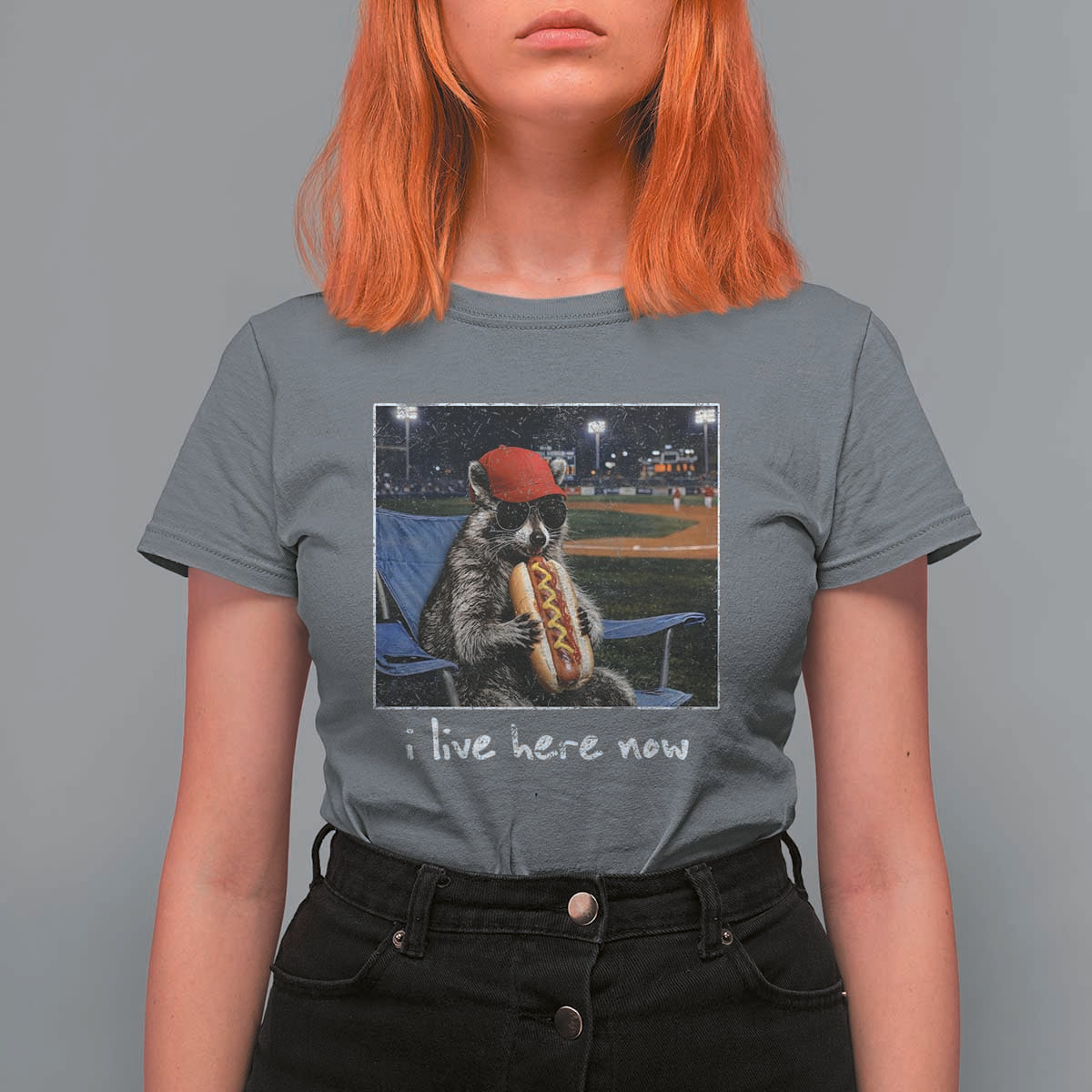 Baseball Raccoon I Live Here Now T Shirt For Women Funny Trash Panda Eating Hot Dog Ballfield