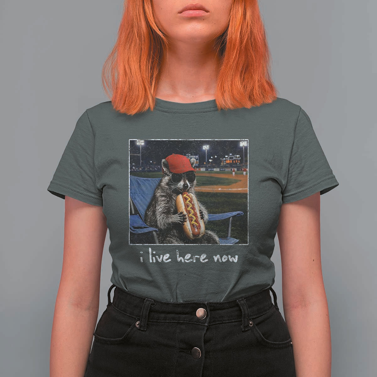 Baseball Raccoon I Live Here Now T Shirt For Women Funny Trash Panda Eating Hot Dog Ballfield