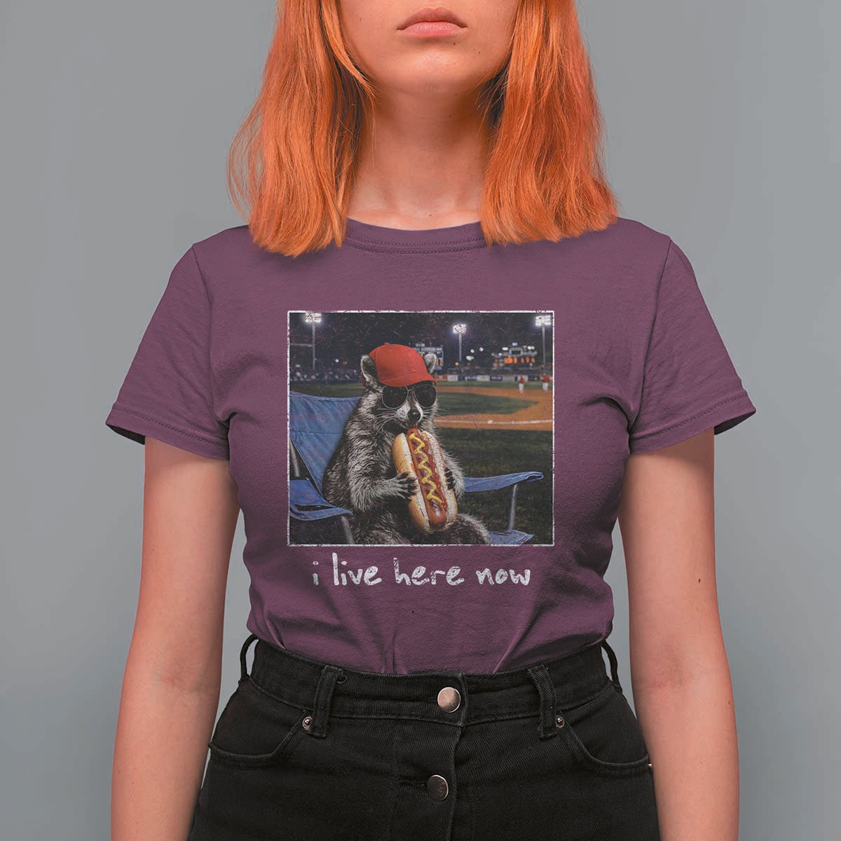 Baseball Raccoon I Live Here Now T Shirt For Women Funny Trash Panda Eating Hot Dog Ballfield