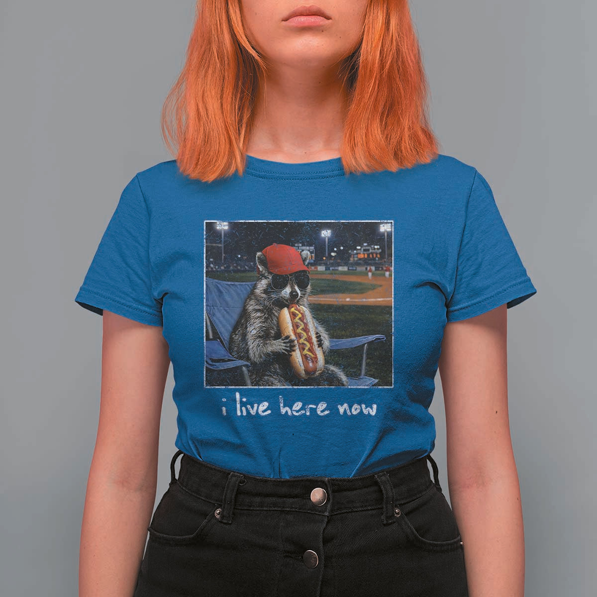 Baseball Raccoon I Live Here Now T Shirt For Women Funny Trash Panda Eating Hot Dog Ballfield