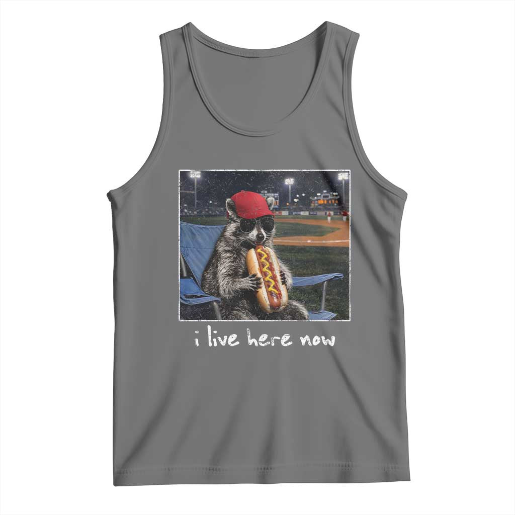 Baseball Raccoon I Live Here Now Tank Top Funny Trash Panda Eating Hot Dog Ballfield