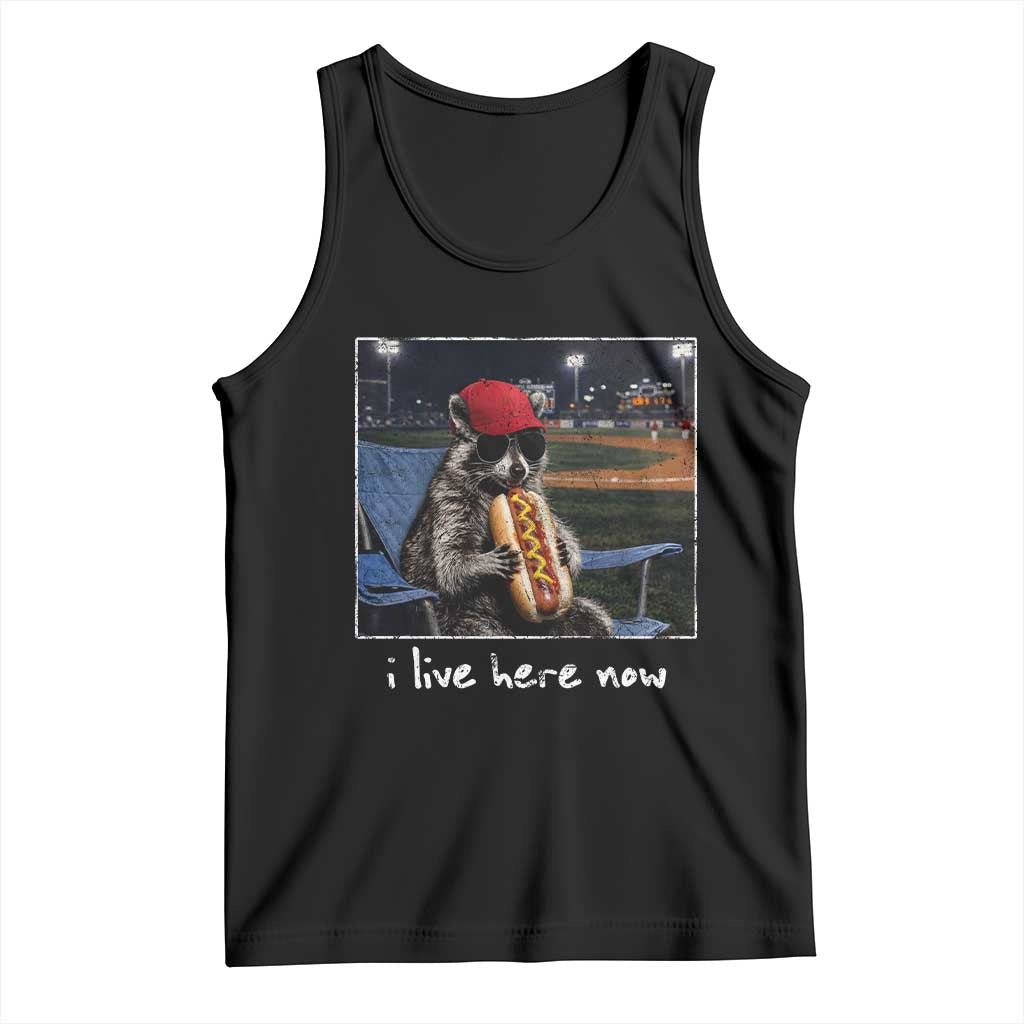Baseball Raccoon I Live Here Now Tank Top Funny Trash Panda Eating Hot Dog Ballfield