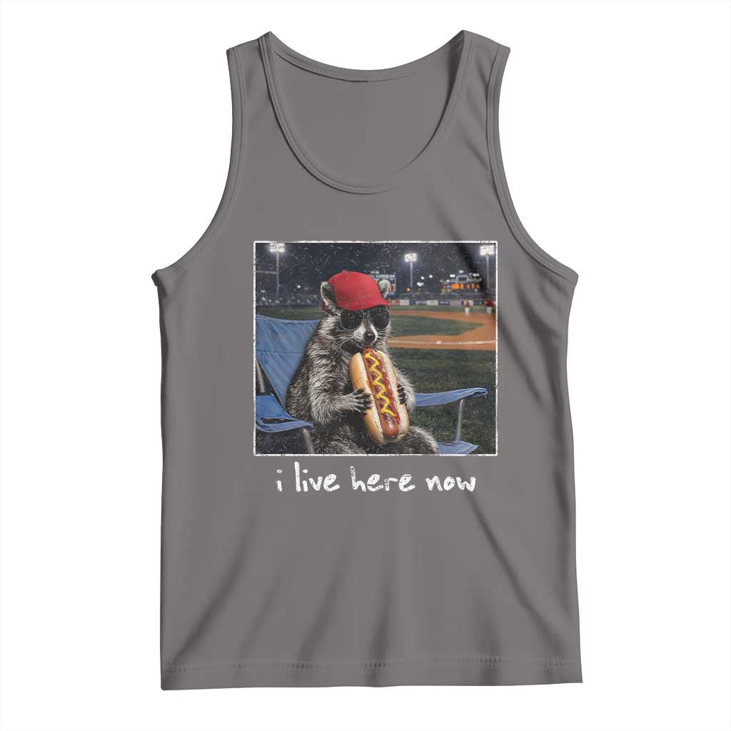 Baseball Raccoon I Live Here Now Tank Top Funny Trash Panda Eating Hot Dog Ballfield