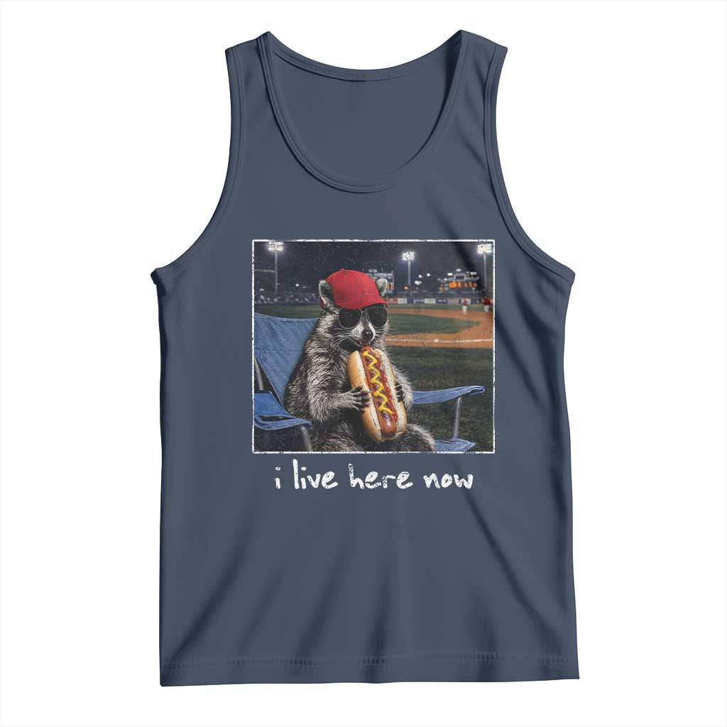 Baseball Raccoon I Live Here Now Tank Top Funny Trash Panda Eating Hot Dog Ballfield