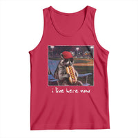 Baseball Raccoon I Live Here Now Tank Top Funny Trash Panda Eating Hot Dog Ballfield