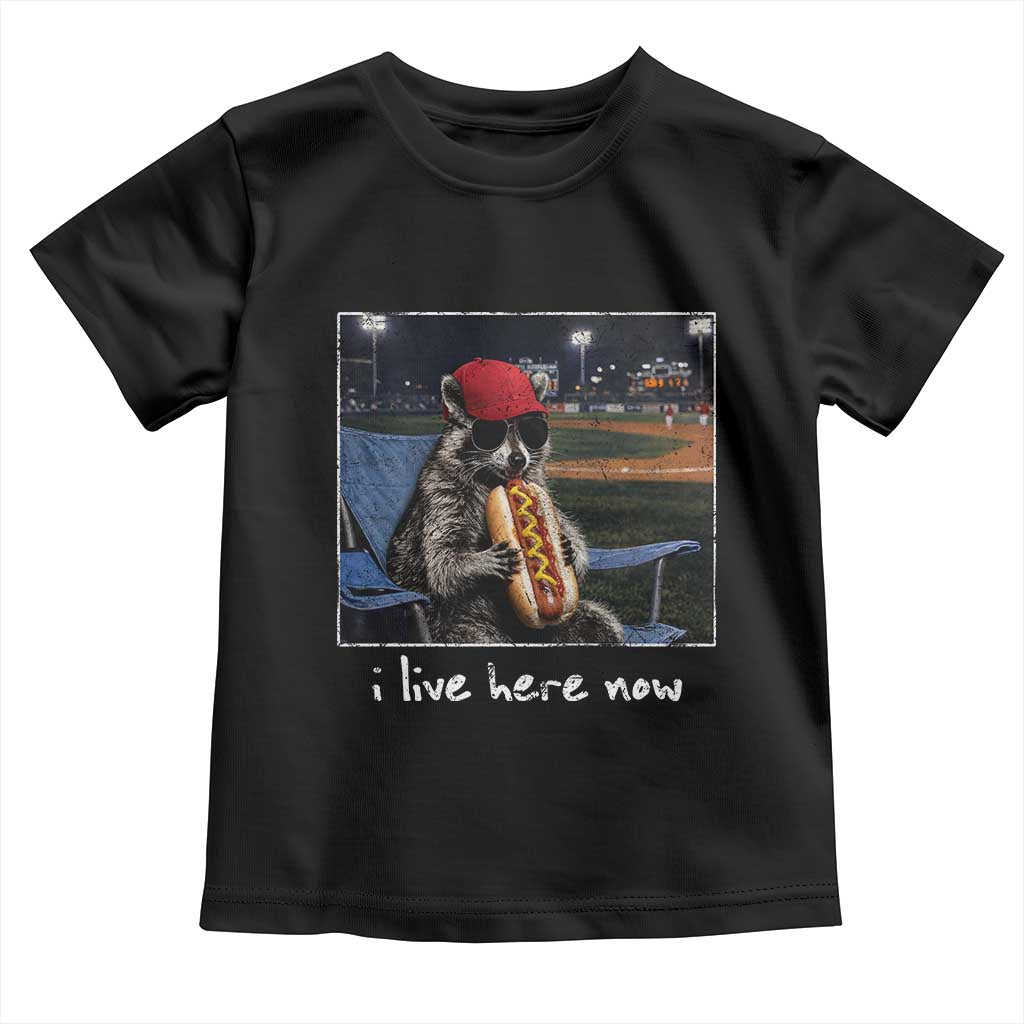 Baseball Raccoon I Live Here Now Toddler T Shirt Funny Trash Panda Eating Hot Dog Ballfield