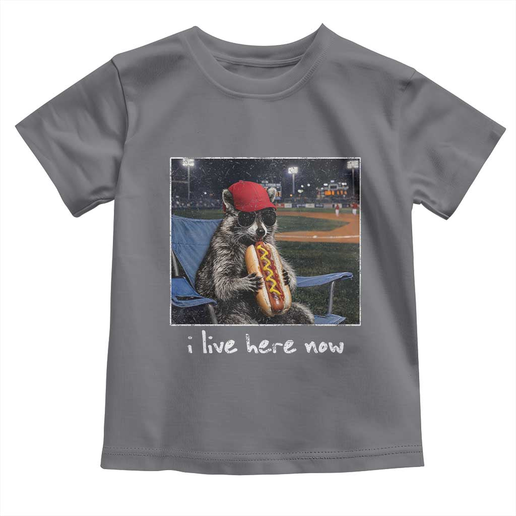 Baseball Raccoon I Live Here Now Toddler T Shirt Funny Trash Panda Eating Hot Dog Ballfield