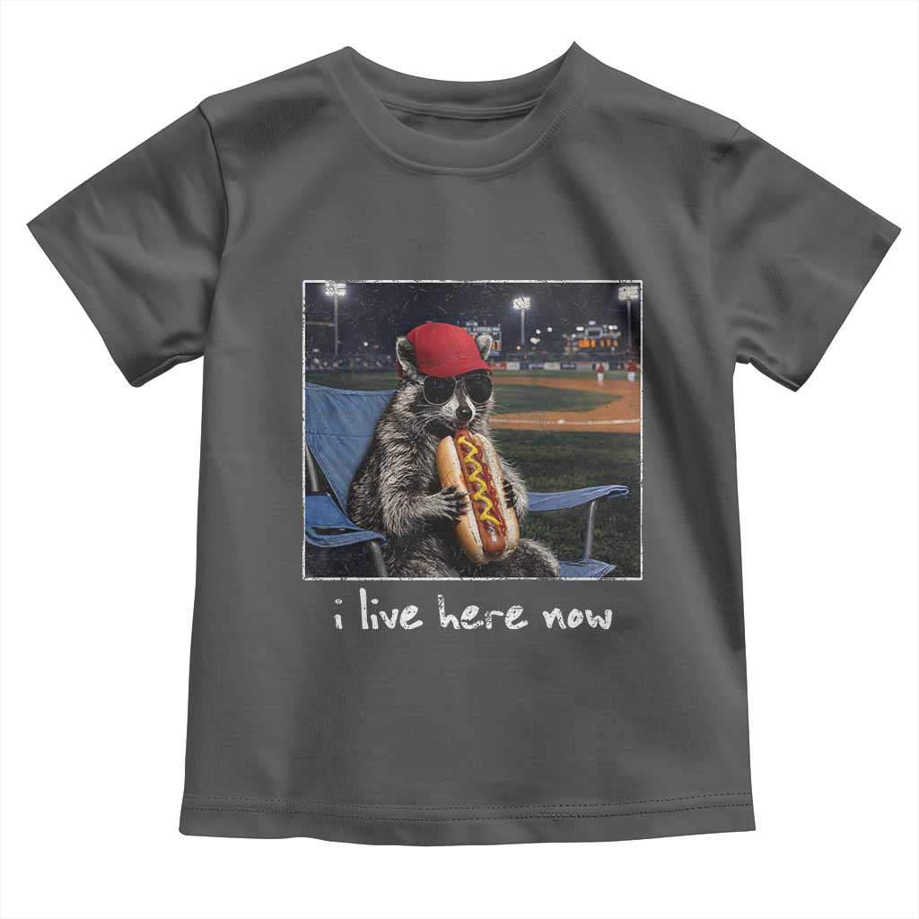 Baseball Raccoon I Live Here Now Toddler T Shirt Funny Trash Panda Eating Hot Dog Ballfield