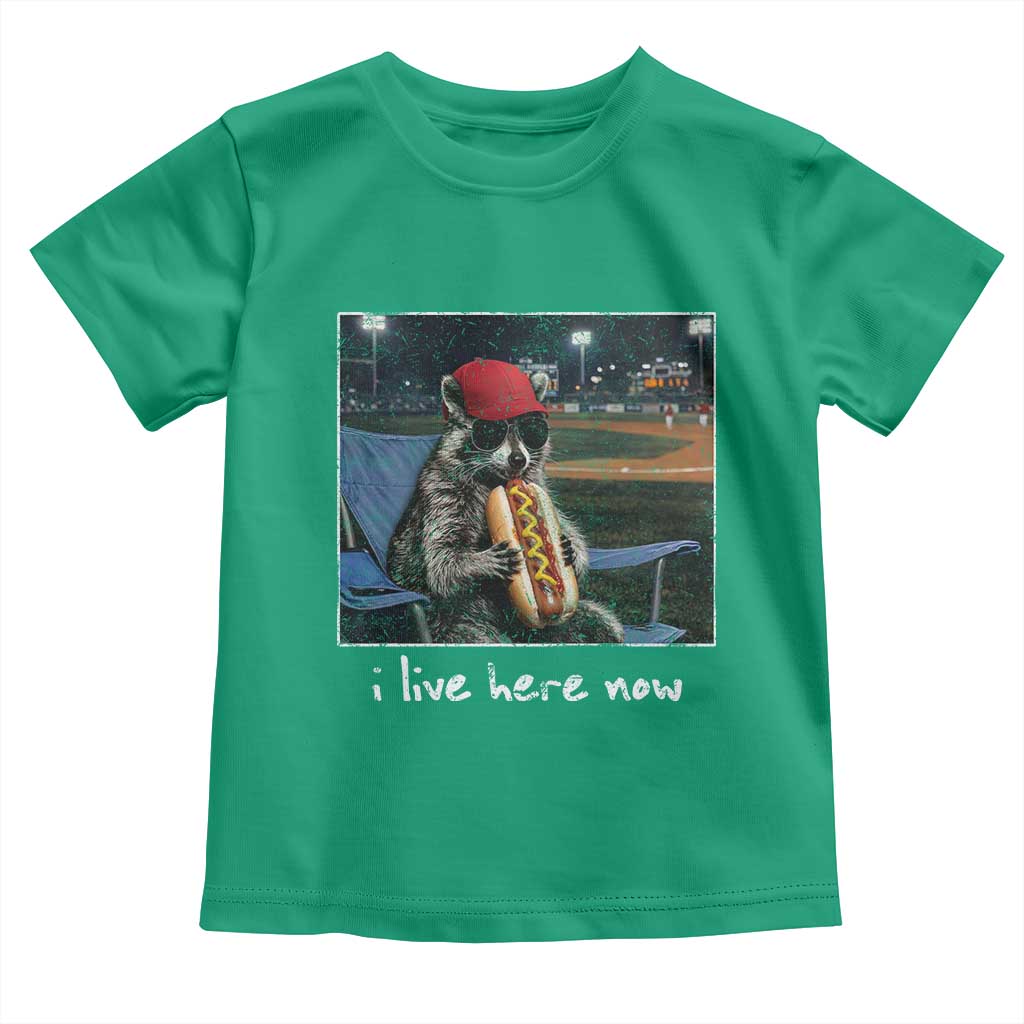Baseball Raccoon I Live Here Now Toddler T Shirt Funny Trash Panda Eating Hot Dog Ballfield