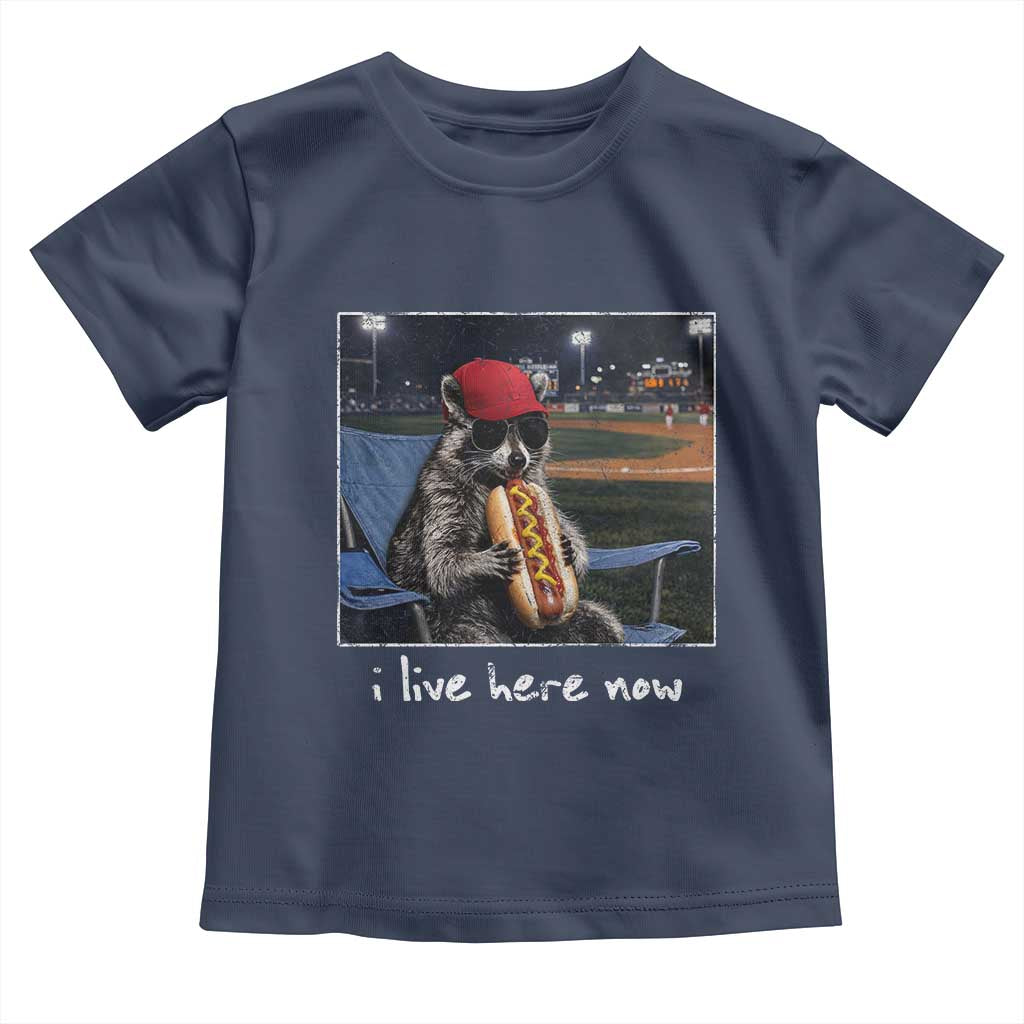 Baseball Raccoon I Live Here Now Toddler T Shirt Funny Trash Panda Eating Hot Dog Ballfield