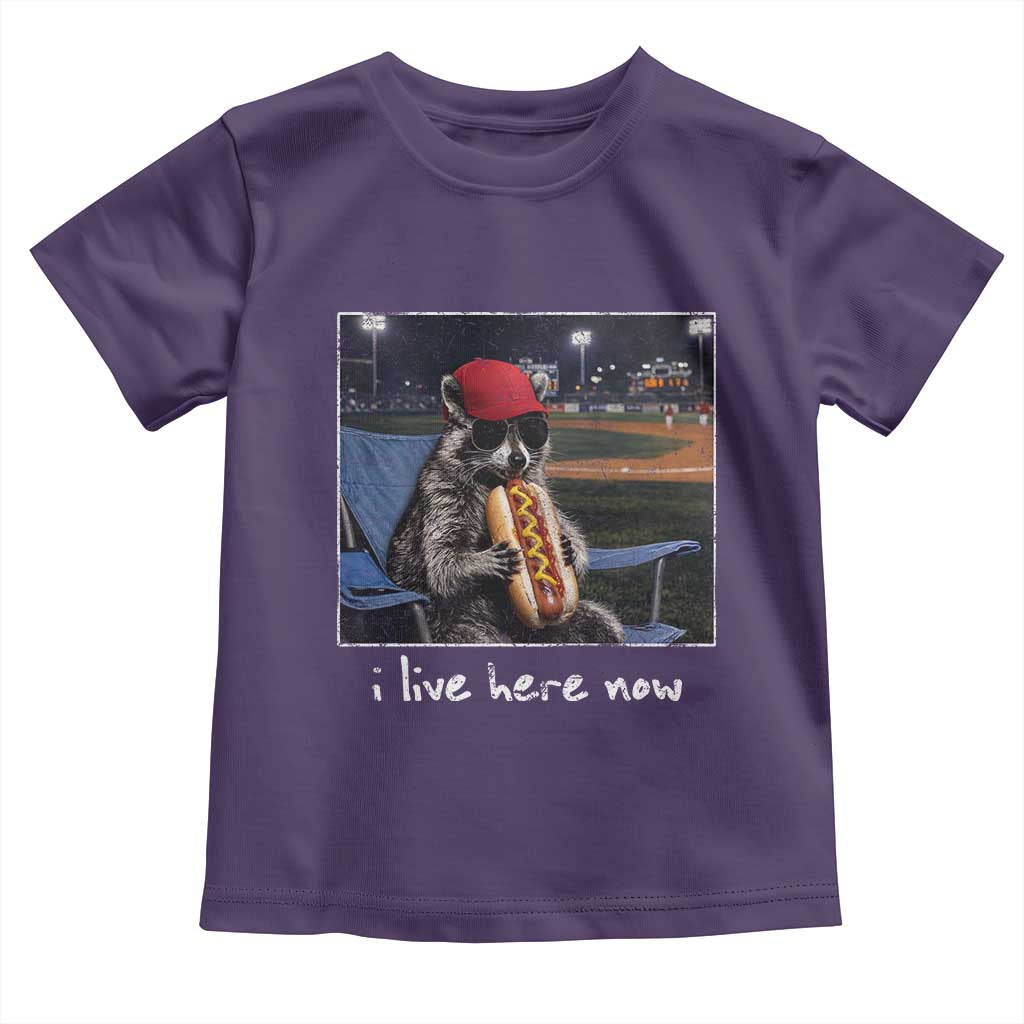 Baseball Raccoon I Live Here Now Toddler T Shirt Funny Trash Panda Eating Hot Dog Ballfield