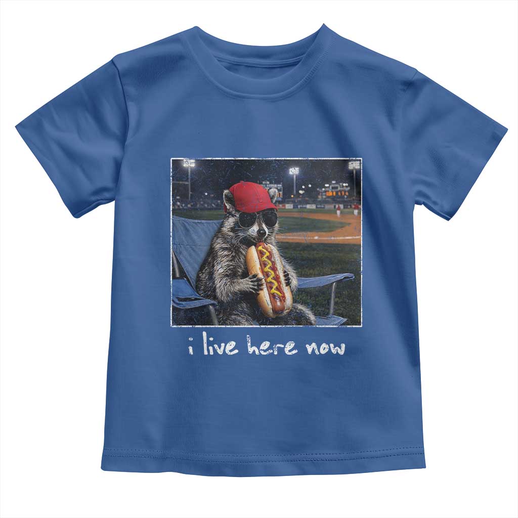 Baseball Raccoon I Live Here Now Toddler T Shirt Funny Trash Panda Eating Hot Dog Ballfield