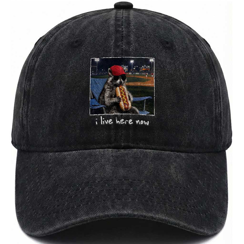 Baseball Raccoon I Live Here Now Washed Cotton Baseball Cap Funny Trash Panda Eating Hot Dog Ballfield