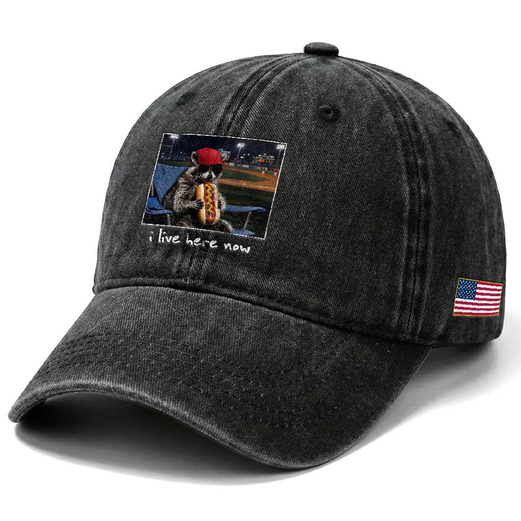 Baseball Raccoon I Live Here Now Washed Cotton Baseball Cap Funny Trash Panda Eating Hot Dog Ballfield