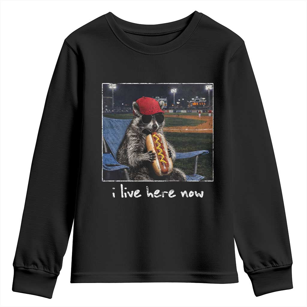 Baseball Raccoon I Live Here Now Youth Sweatshirt Funny Trash Panda Eating Hot Dog Ballfield