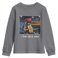 Baseball Raccoon I Live Here Now Youth Sweatshirt Funny Trash Panda Eating Hot Dog Ballfield