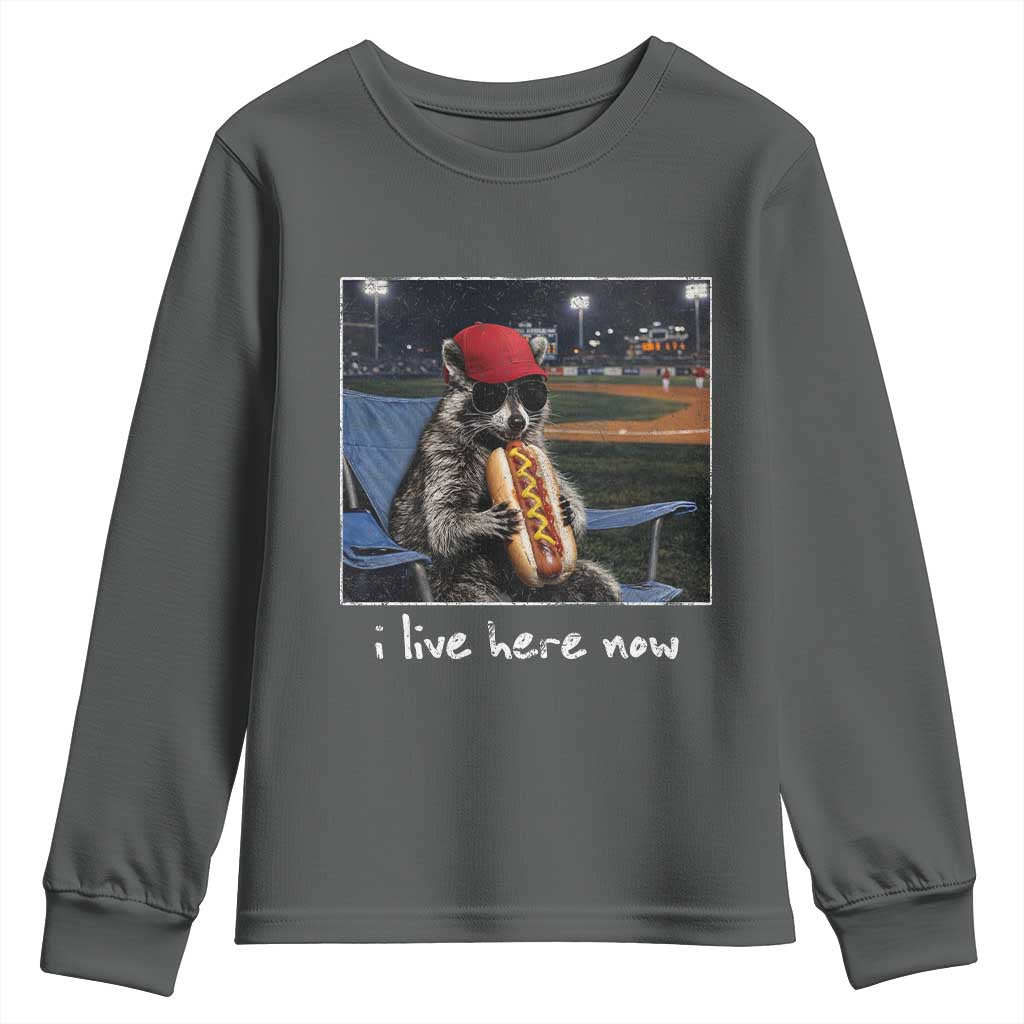 Baseball Raccoon I Live Here Now Youth Sweatshirt Funny Trash Panda Eating Hot Dog Ballfield