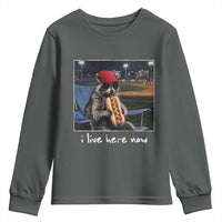 Baseball Raccoon I Live Here Now Youth Sweatshirt Funny Trash Panda Eating Hot Dog Ballfield