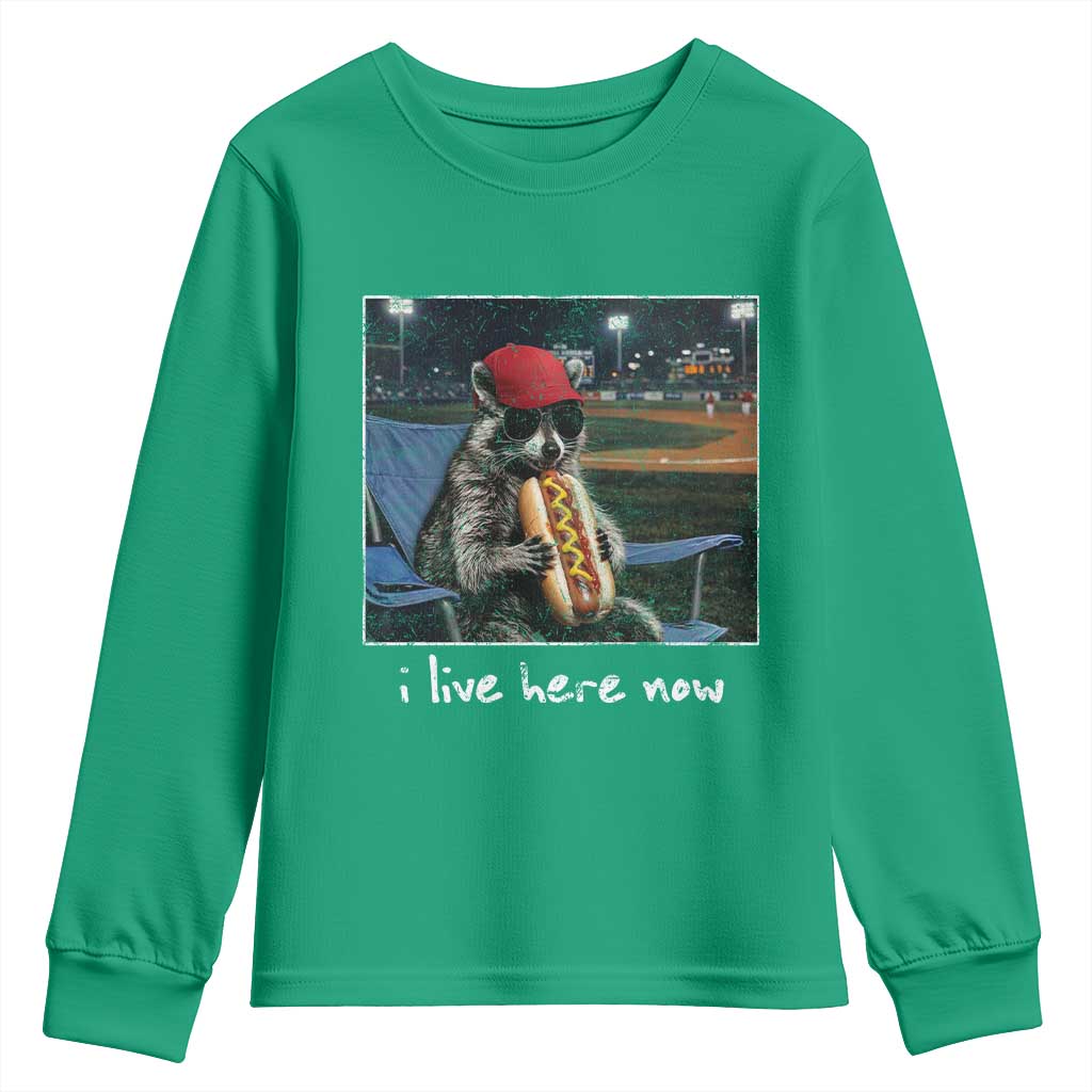 Baseball Raccoon I Live Here Now Youth Sweatshirt Funny Trash Panda Eating Hot Dog Ballfield