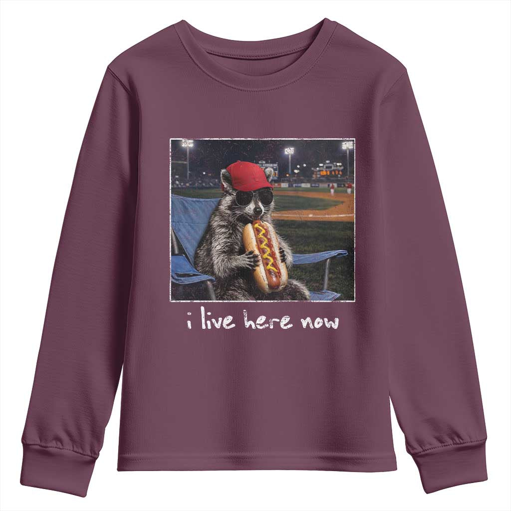 Baseball Raccoon I Live Here Now Youth Sweatshirt Funny Trash Panda Eating Hot Dog Ballfield