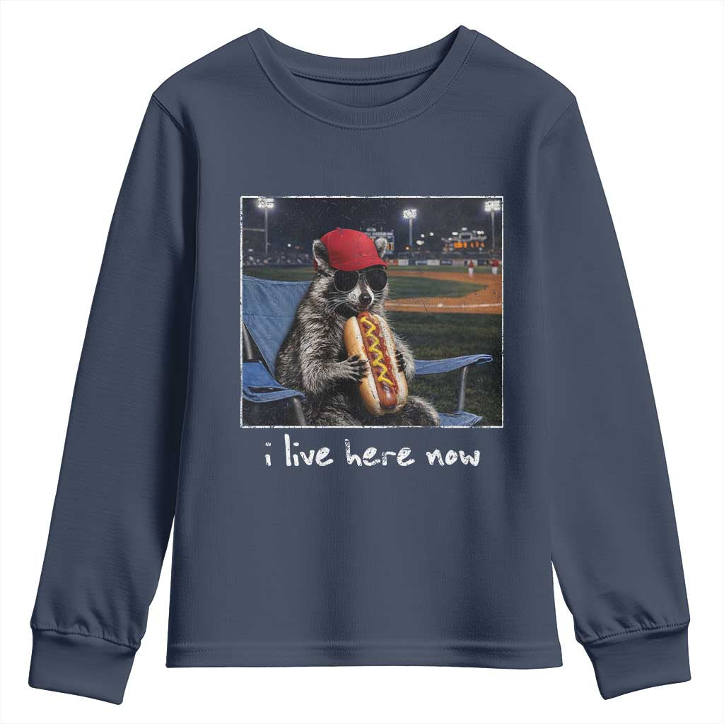 Baseball Raccoon I Live Here Now Youth Sweatshirt Funny Trash Panda Eating Hot Dog Ballfield