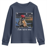 Baseball Raccoon I Live Here Now Youth Sweatshirt Funny Trash Panda Eating Hot Dog Ballfield