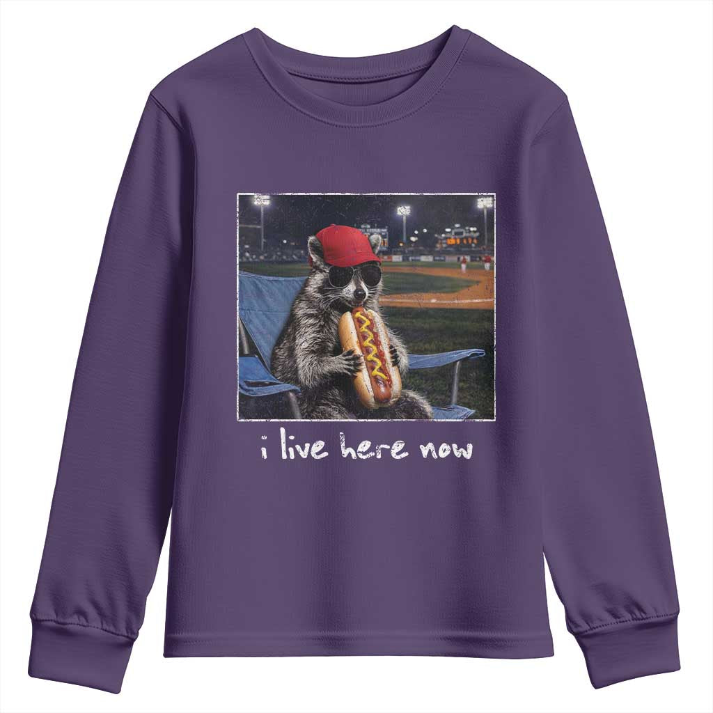 Baseball Raccoon I Live Here Now Youth Sweatshirt Funny Trash Panda Eating Hot Dog Ballfield