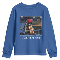 Baseball Raccoon I Live Here Now Youth Sweatshirt Funny Trash Panda Eating Hot Dog Ballfield