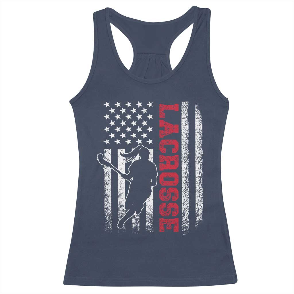 Lacrosse American Flag Lax Women 4th of July Racerback Tank Top