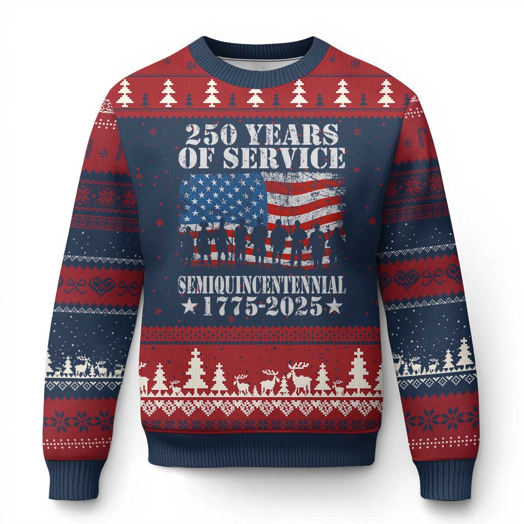 250 Years Of Service Semiquincentennial Ugly Christmas Sweater US Military Army Birthday American Flag - Wonder Print Shop