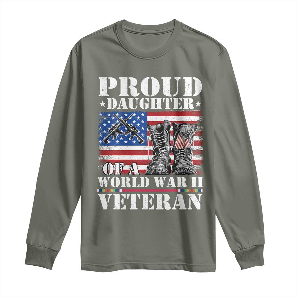 Proud Daughter Of A World War II Veteran Long Sleeve Shirt American Flag Army Boots - Wonder Print Shop
