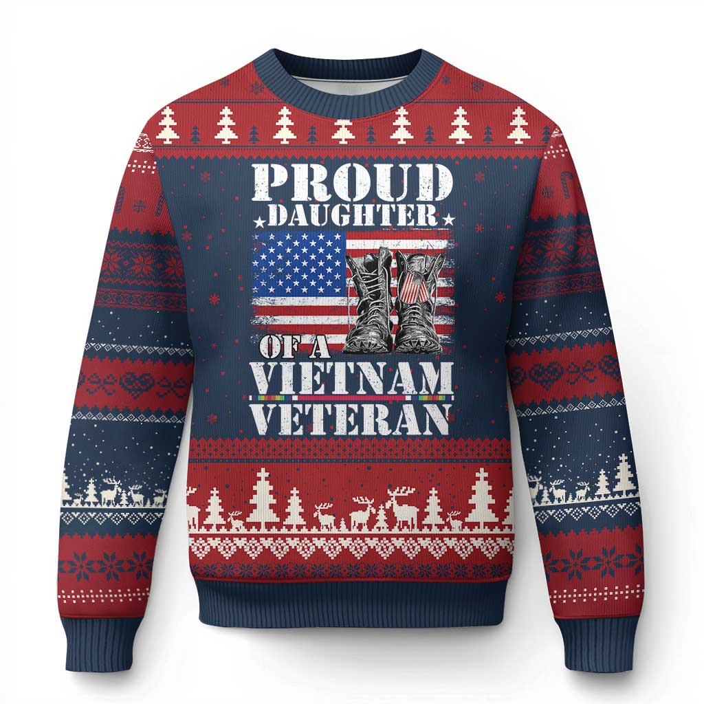 Proud Daughter Of A Vietnam Veteran Ugly Christmas Sweater American Flag Army Boots