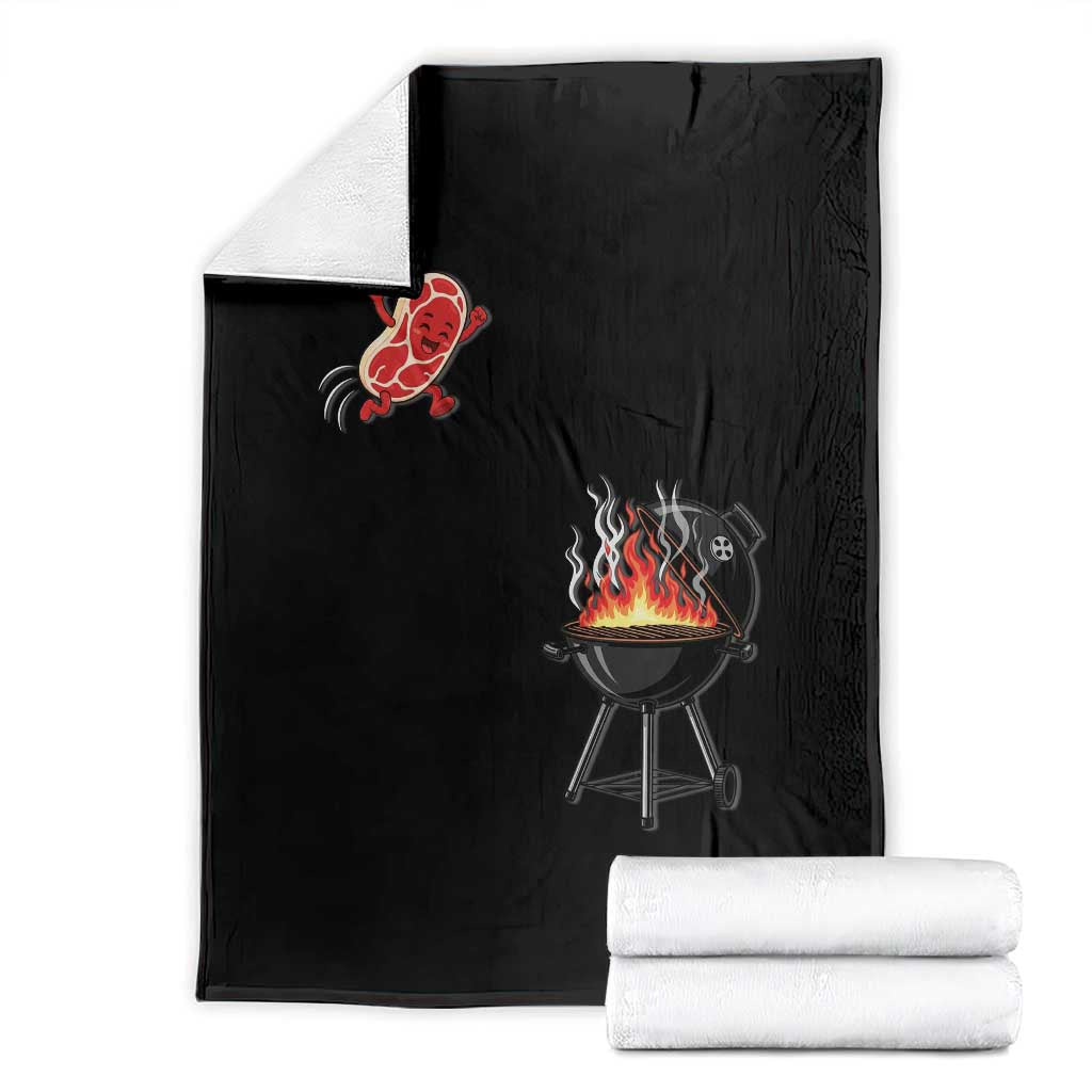 Funny BBQ Steak Meme Cute Meat Jumping Into Grill Throw Blanket