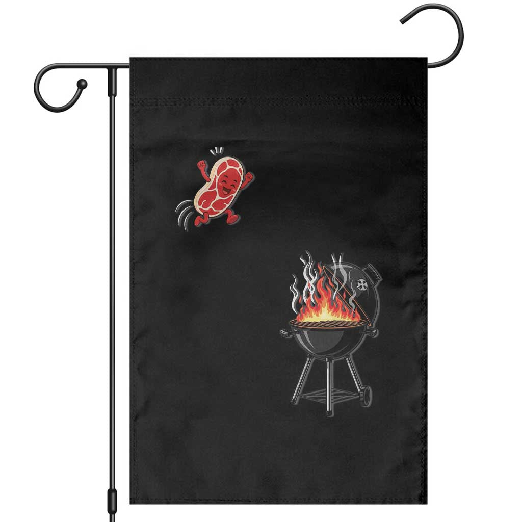 Funny BBQ Steak Meme Cute Meat Jumping Into Grill Garden Flag
