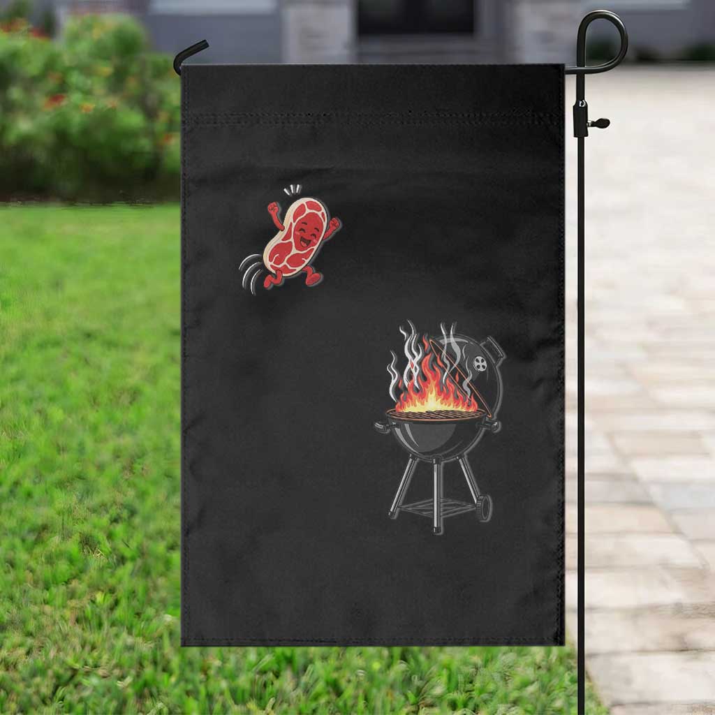 Funny BBQ Steak Meme Cute Meat Jumping Into Grill Garden Flag