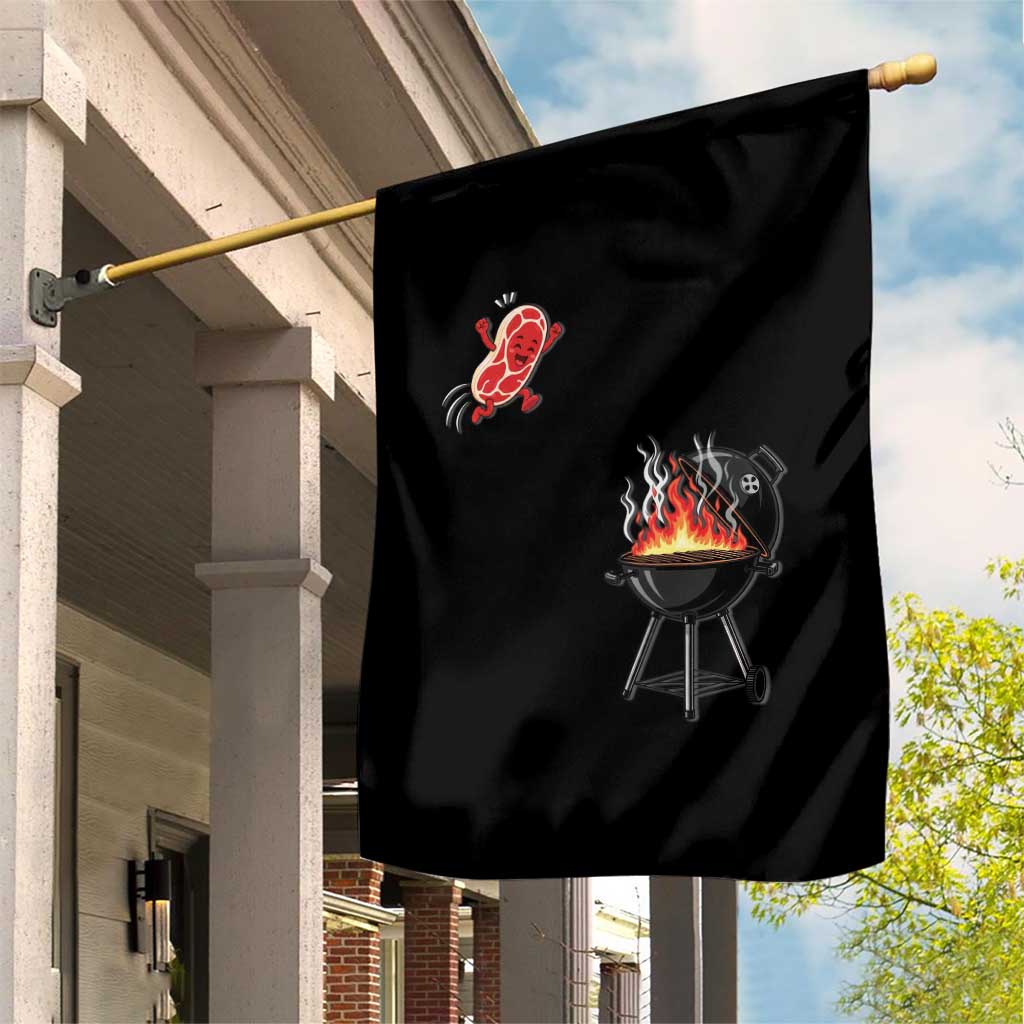 Funny BBQ Steak Meme Cute Meat Jumping Into Grill Garden Flag