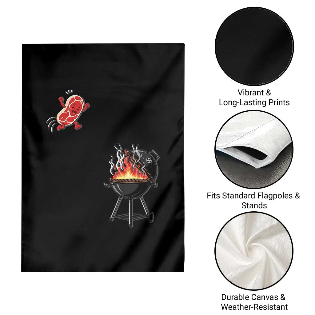 Funny BBQ Steak Meme Cute Meat Jumping Into Grill Garden Flag