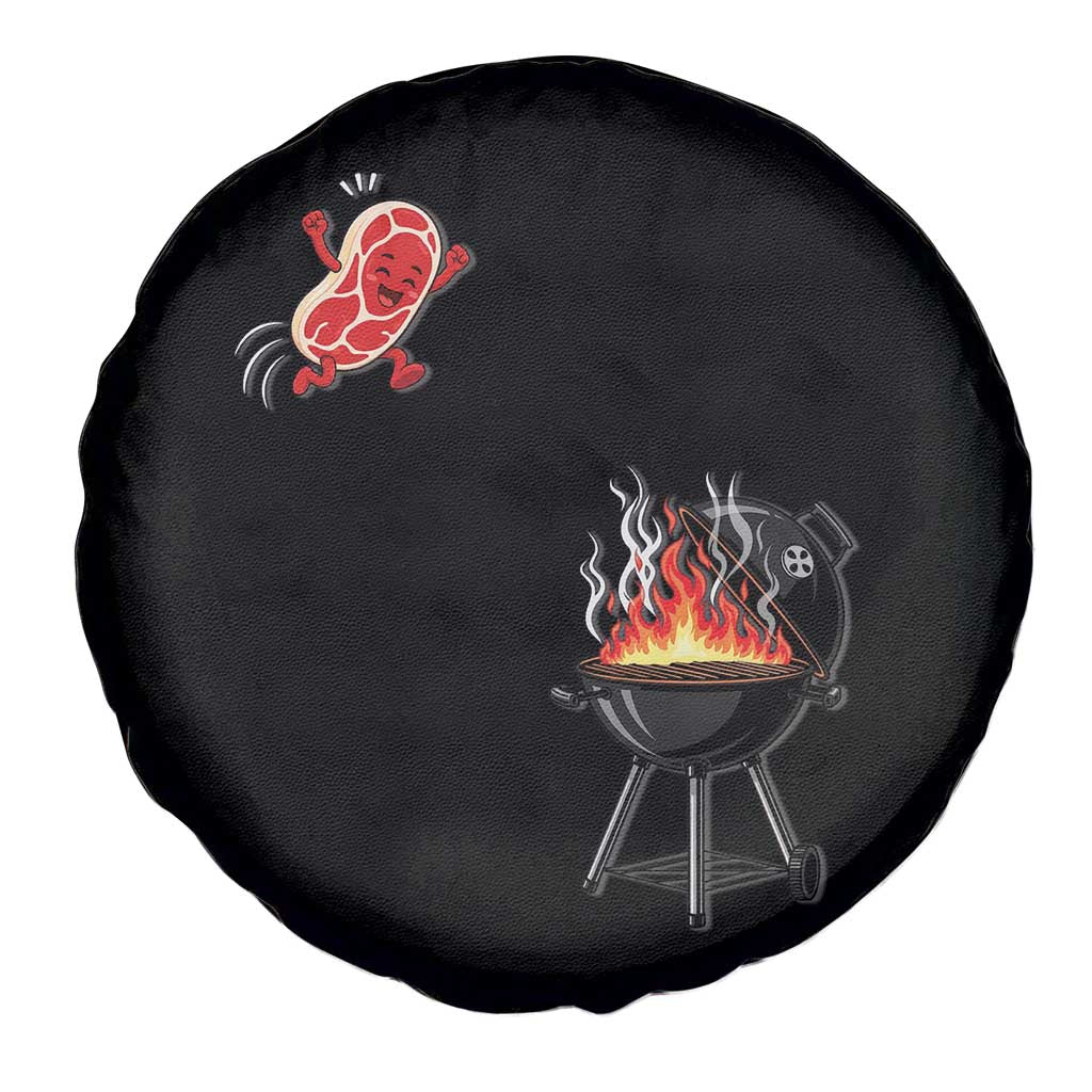 Funny BBQ Steak Meme Cute Meat Jumping Into Grill Spare Tire Cover