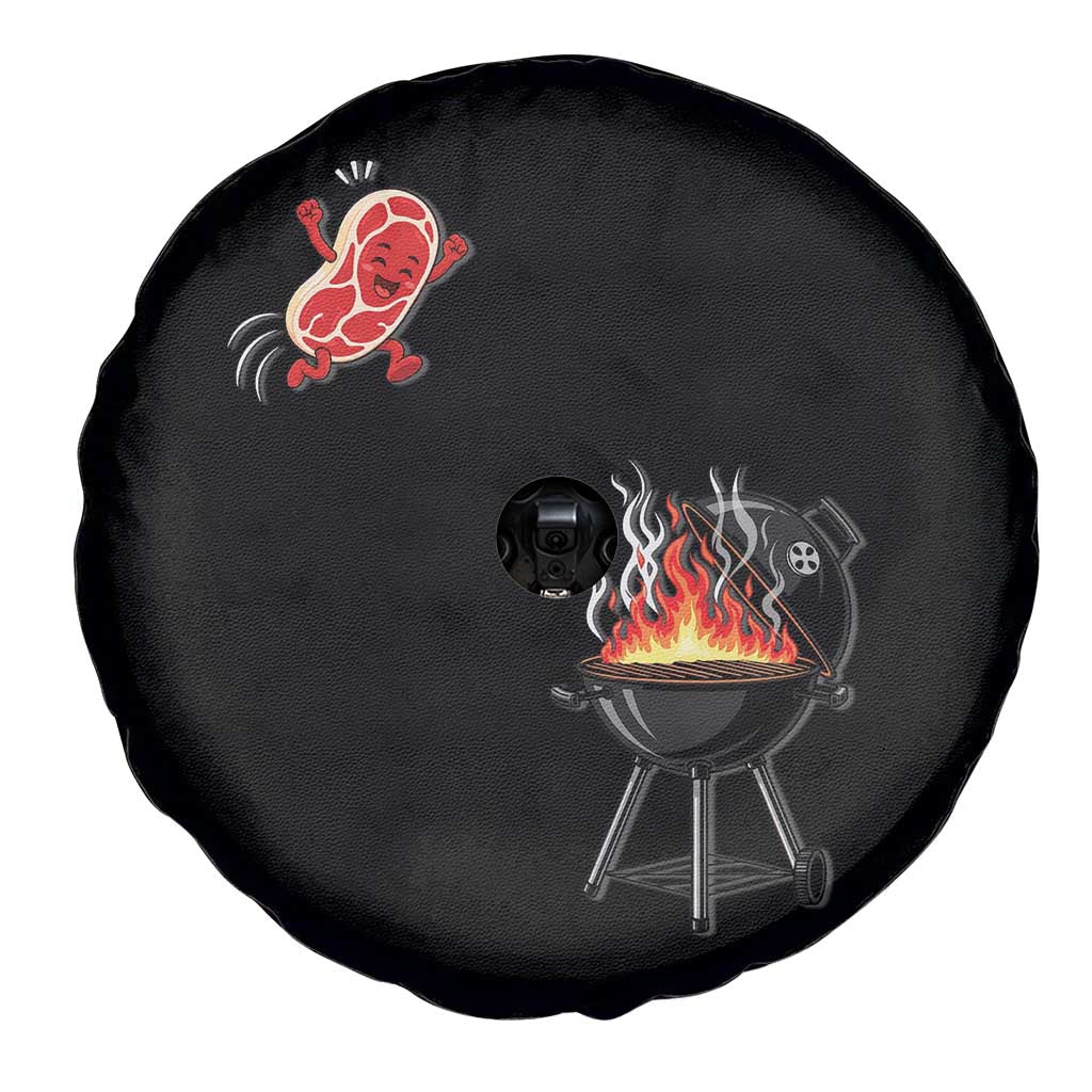 Funny BBQ Steak Meme Cute Meat Jumping Into Grill Spare Tire Cover