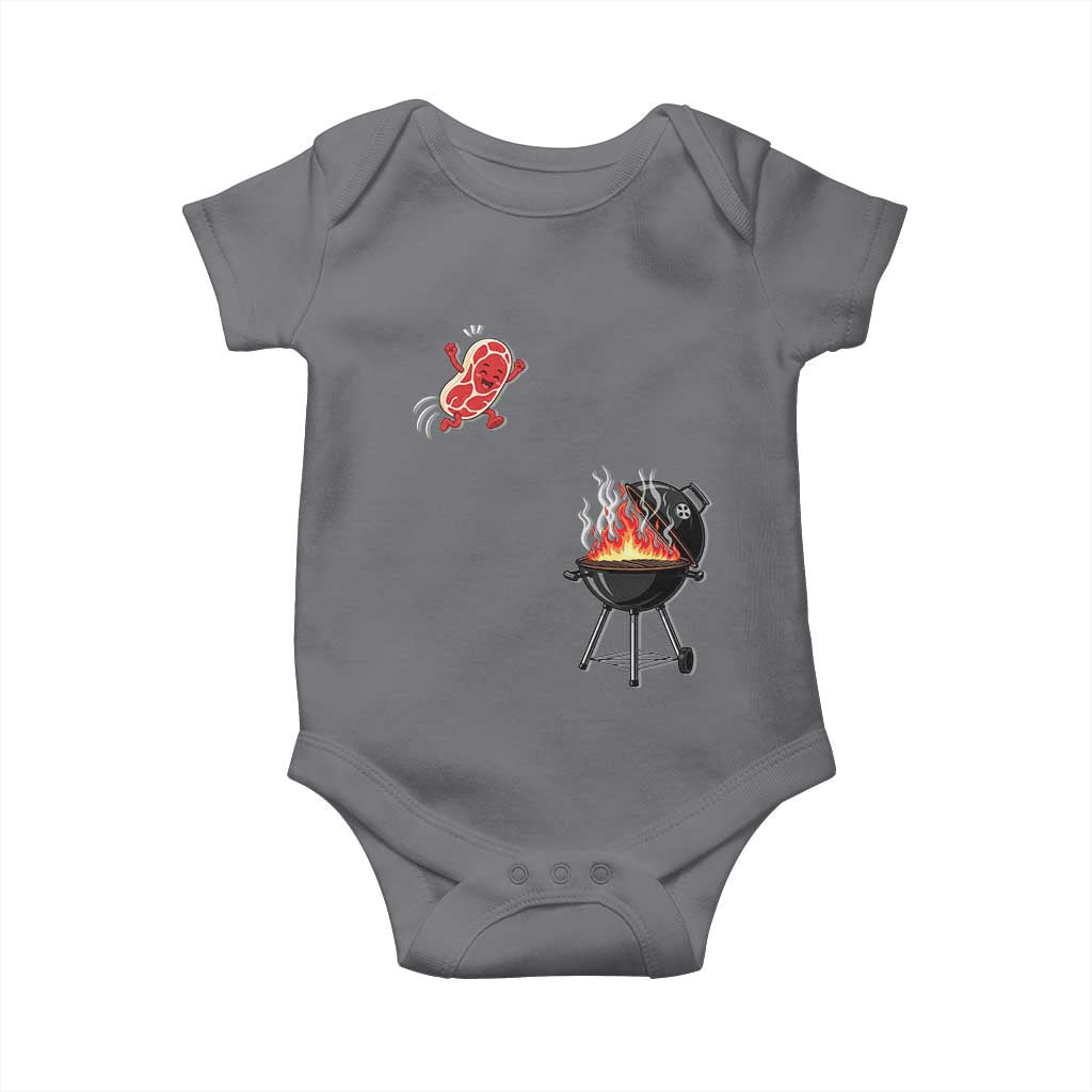 Funny BBQ Steak Meme Cute Meat Jumping Into Grill Baby Onesie